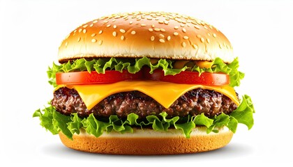 A cheeseburger with sesame seed bun, beef patty, cheese, lettuce, and tomato slices is shown on a white background.