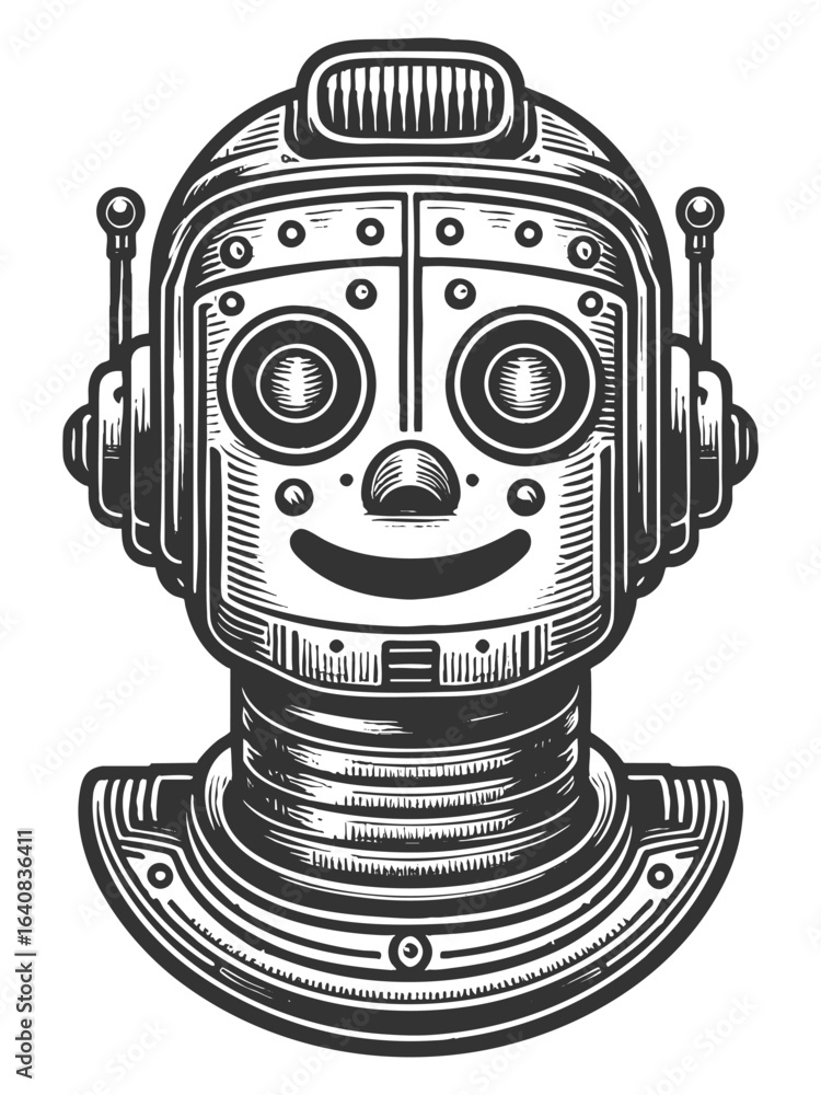 Poster cheerful retro robot with antennas, ideal for sci-fi, tech nostalgia, or toy themes sketch engraving