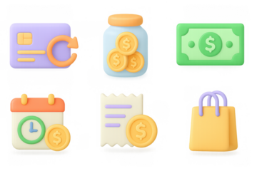 Colorful 3d icons of financial and shopping elements for digital and print design
