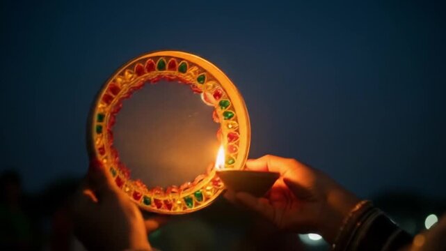 Hands showcasing a decorated sieve and diya under the moonlight, perfect for festive, cultural, and religious celebrations of karva chauth.