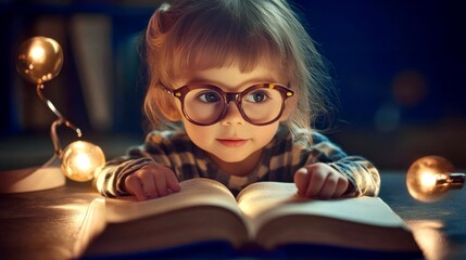 Adorable young girl with large round glasses reading a book under warm lamp light, wearing a plaid shirt, with a curious and focused expression.