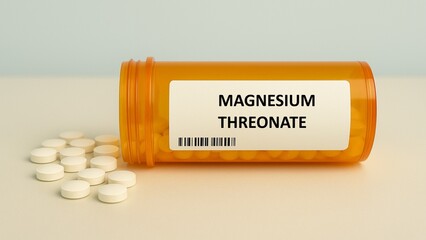 MAGNESIUM THREONATE tablets box on hospital pharmacy table, used to support cognitive function and...
