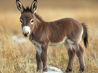 Baby donkey stands in a field of dry grass, looking forward