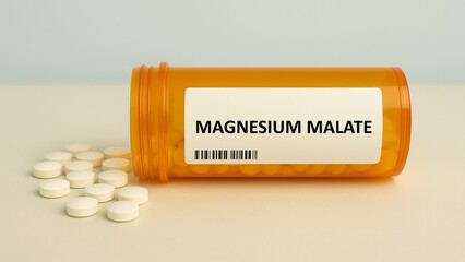 MAGNESIUM MALATE tablets box on hospital pharmacy table, used to support energy metabolism and...