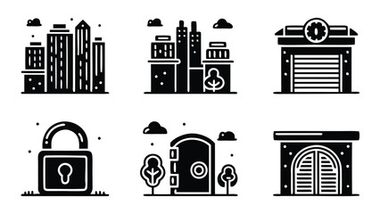 Illustrative set of cityscapes, secure lock, and various door styles in black and white icons