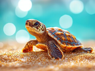 Obraz premium Baby sea turtle on golden sand with bokeh background