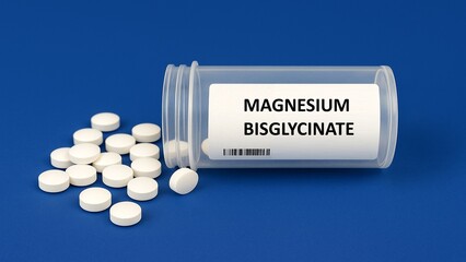MAGNESIUM BISGLYCINATE tablet box on hospital pharmacy table, used to support muscle function and...
