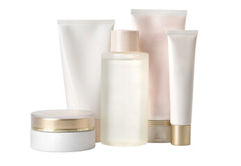 Set of cosmetic bottles and tubes creating a luxurious atmosphere