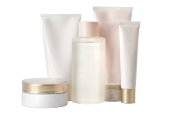 Set of cosmetic bottles and tubes creating a luxurious atmosphere