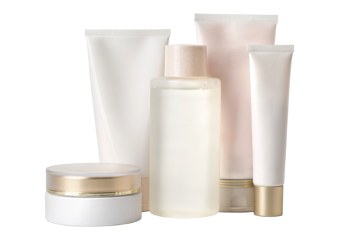 Set of cosmetic bottles and tubes creating a luxurious atmosphere