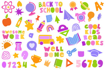 Colorful back to school icons set with books, bus, stationery, awards and education symbols in playful flat style, Back to School theme