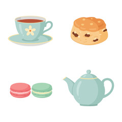 This cartoon illustration features a tea cup, scone, macaron, and tea pot in pastel colors, perfect for depicting a tea party or cafe setting.