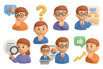 3d cartoon style business characters in various poses with charts and symbols