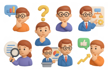 3d cartoon style business characters in various poses with charts and symbols