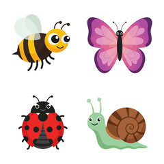 Obraz premium This image features a bee, butterfly, ladybug and snail in a simple, cartoon style, perfect for children's books or educational materials.