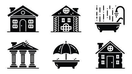 Collection of house and bathroom icons featuring different architectural styles and bathroom elements design