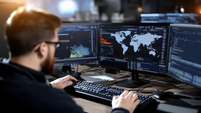 Man hacking system: computer keyboard, cyber threat, data breach, network intrusion, software exploit, encrypted code, security flaw, digital access, system crack, virtual space, keyboard typing