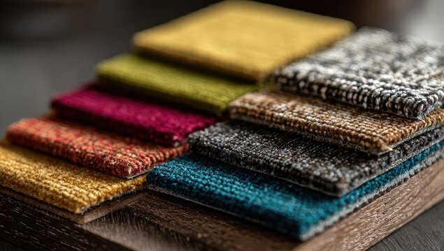 Colorful carpet samples stacked on a wooden display