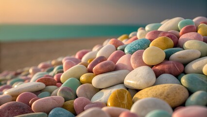 Close up of a colorful pile of smooth sea pebbles on a beach