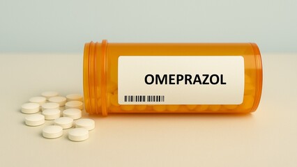 Box of OMEPRAZOL tablets placed on a hospital pharmacy table used for symptom relief and therapy, a...
