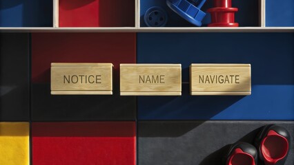 Colorful learning blocks with engraved words for educational activities