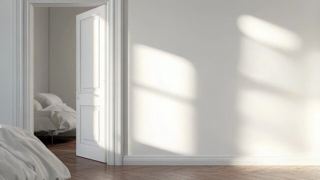 Sunlight illuminating empty bedroom with open door and wooden floor