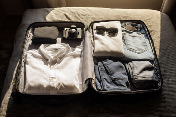 Open suitcase containing neatly folded clothing, denim jeans, sunglasses, and vintage camera arranged on bed, sunlight illuminating travel essentials for organized packing and preparation
