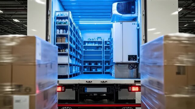 Inside a Temperature-Controlled Delivery Truck with Shelves of Medical Supplies, A Modern Pharmaceutical Logistics Vehicle with Climate Control and Secure Storage