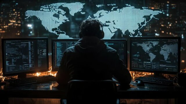 Hacker typing code: computer screen, system breach, data theft, network exploit, keyboard motion, digital intrusion, software crack, encrypted file, security risk, virtual space, cyber danger