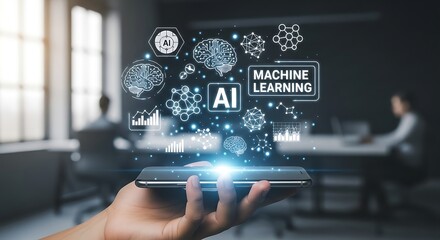 The concept of technological innovation, showcasing AI, machine learning, and data analytics on a smartphone's holographic display