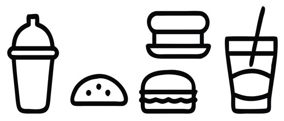 A bold black outline illustration of fast food items including a burger, drink bottle, bag of chips, and a cup of ice cream or dessert, ideal for restaurant menus, food delivery services, snack brandi