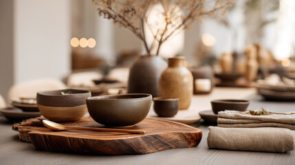 A cozy and stylish table setting with warm tones and natural elements.