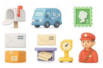 Colorful delivery and postal service icons in 3d cartoon style