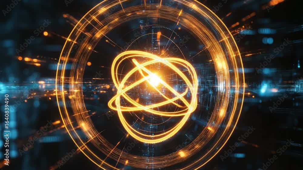 Poster quantum physics concept with glowing atom rotating in digital cyberspace