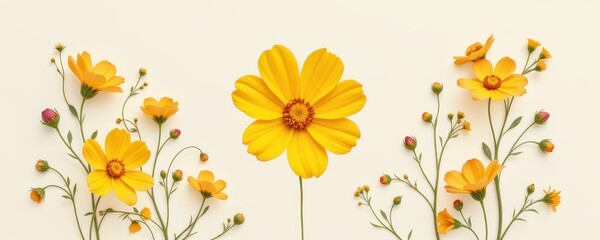 Bright yellow and orange cosmos flowers and buds arranged on a neutral background