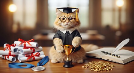 Cat Celebrating Graduation Holding Trophy with Diploma and Medals