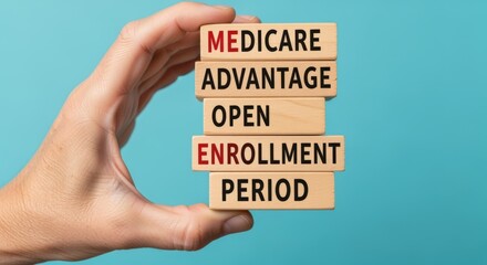 Hand Holding Blocks Spelling Out Health Insurance Enrollment Period on a blue background, conceptual of healthcare options