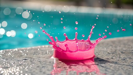 Vibrant pink water splash crown formation at poolside
