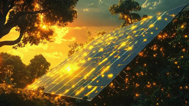 Large solar panel generating clean energy in a forest at sunset