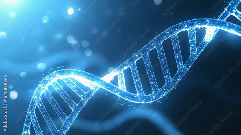 Poster glowing dna helix rotating on blue background with bokeh effect