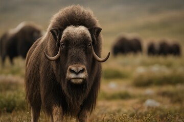 Adult muskox (Ovibos moschatus) standing in tundra, looking directly at camera, with blurred herd in the background.