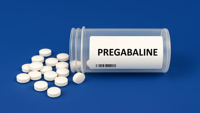 Box of PREGABALIN tablets placed on a hospital pharmacy table used for neuropathic pain and epilepsy, a anticonvulsant.