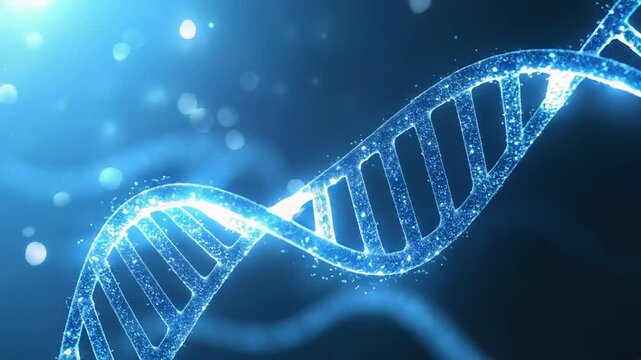 Glowing dna helix rotating on blue background with bokeh effect