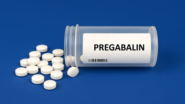 Box of PREGABALIN tablets placed on a hospital pharmacy table used for neuropathic pain and epilepsy, a anticonvulsant.