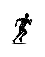 A clean black-and-white illustration of a runner in motion. Represents fitness, running, sports, and the pursuit of speed and performance.