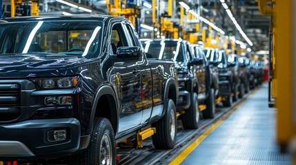 Assembly line of new trucks in a modern factory.