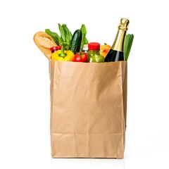 Grocery bag filled with fresh produce vegetables and champagne on white background