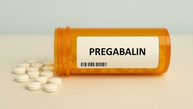Box of PREGABALIN tablets placed on a hospital pharmacy table used for neuropathic pain and epilepsy, a anticonvulsant.