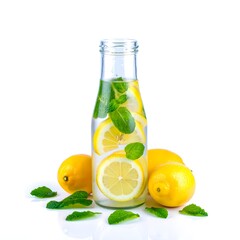 Refreshing lemon water in glass bottle with mint leaves for healthy hydration drink