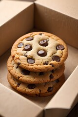 Delicious chocolate chip cookies stacked in a box ready to eat homemade baked goods